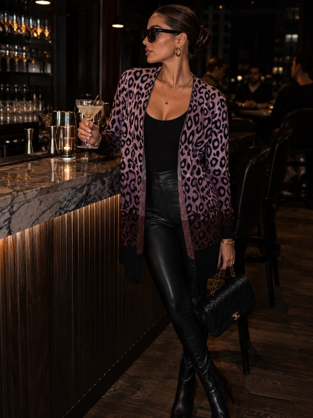 Pink Black Leopard Print Open Front Cardigan Lightweight Sweater
